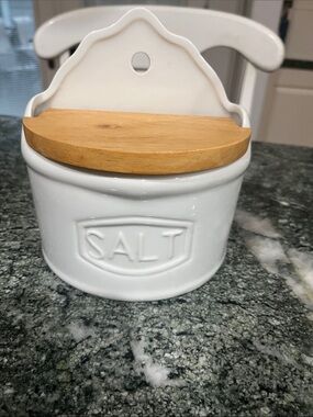 Pottery Barn White Ceramic Salt Holder with Embossed Label